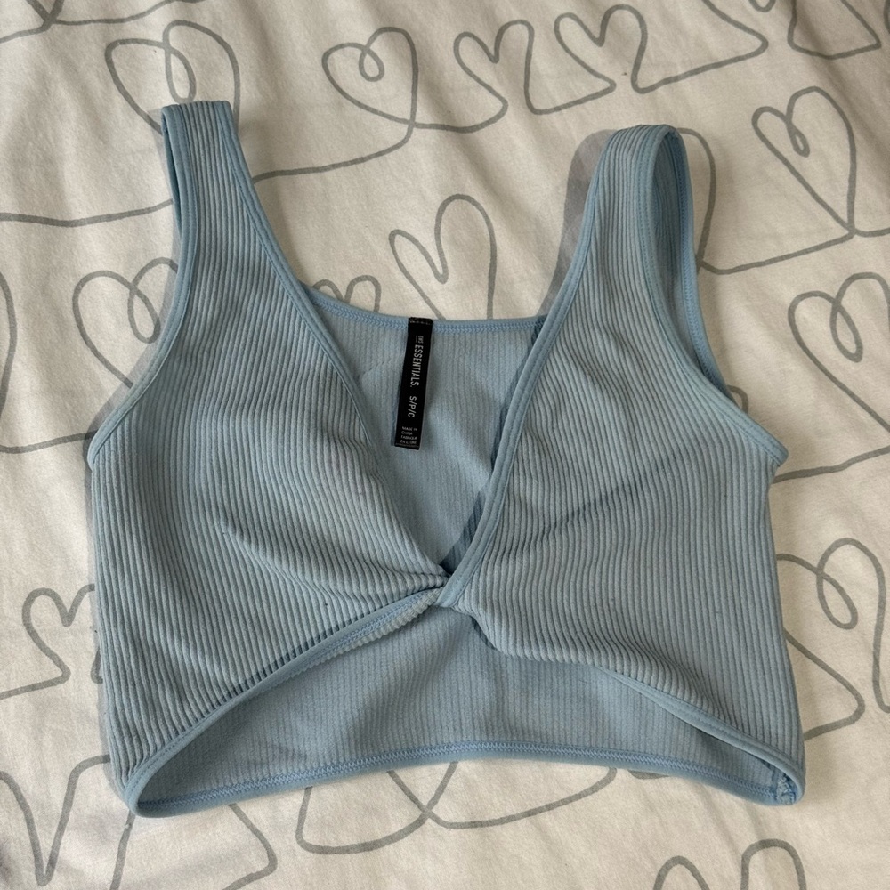 Light Blue Ribbed Twist Front Crop Tank Top
